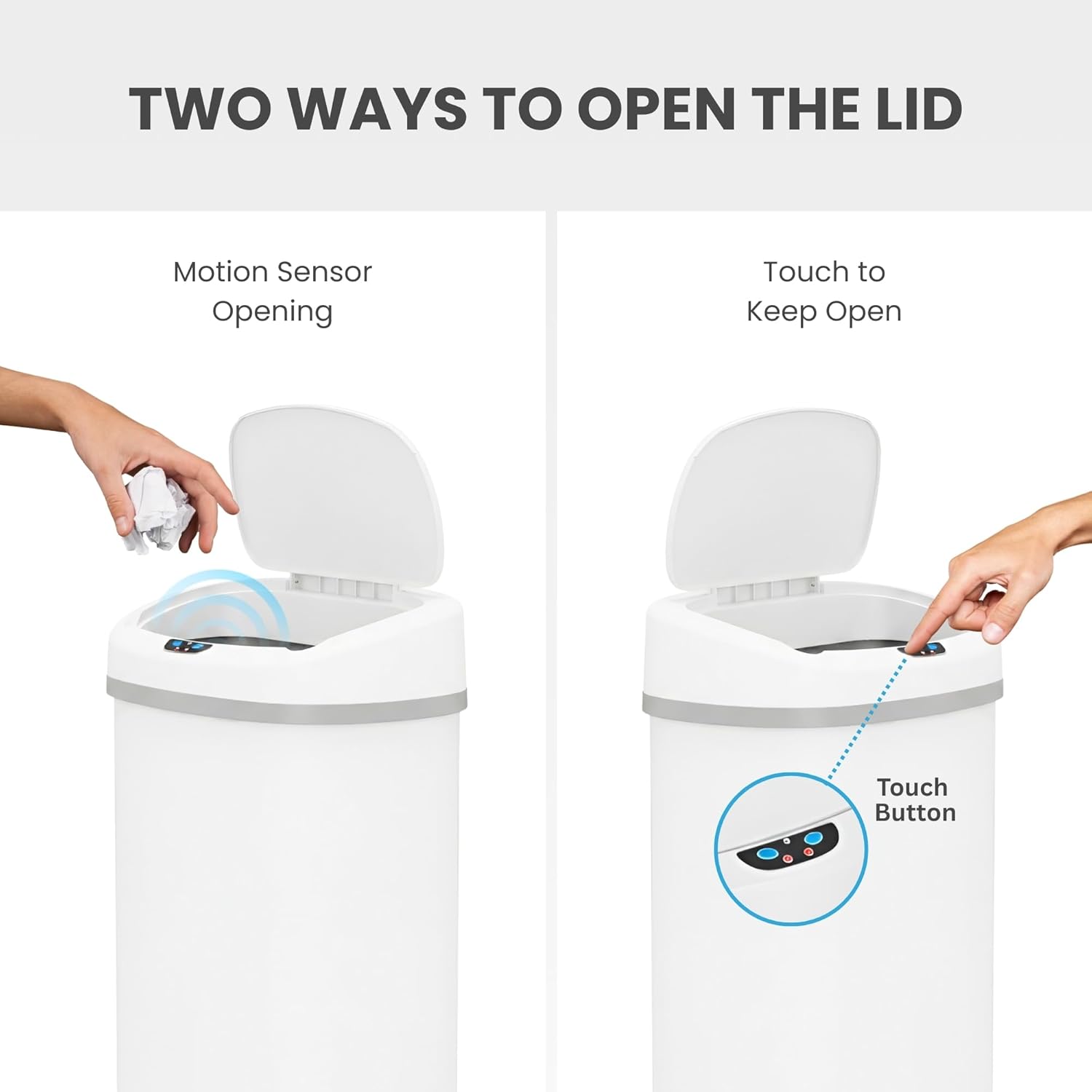 iTouchless 13 Gallon Oval Motion Sensor Garbage Container with Odor Filter, 50L Touchless Stainless Steel Kitchen Bin, Smart Automatic Lid, Fingerprint-Proof, Soft-Close, Matte White