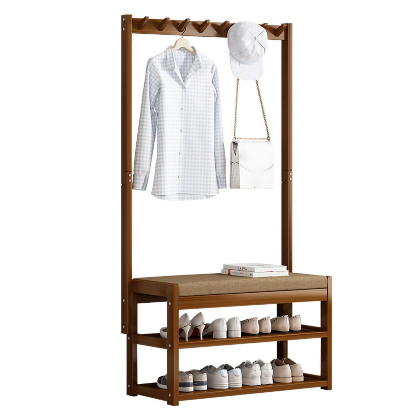 Portemanteau d'entrée en bois 50 cm avec banc et étagère à chaussures