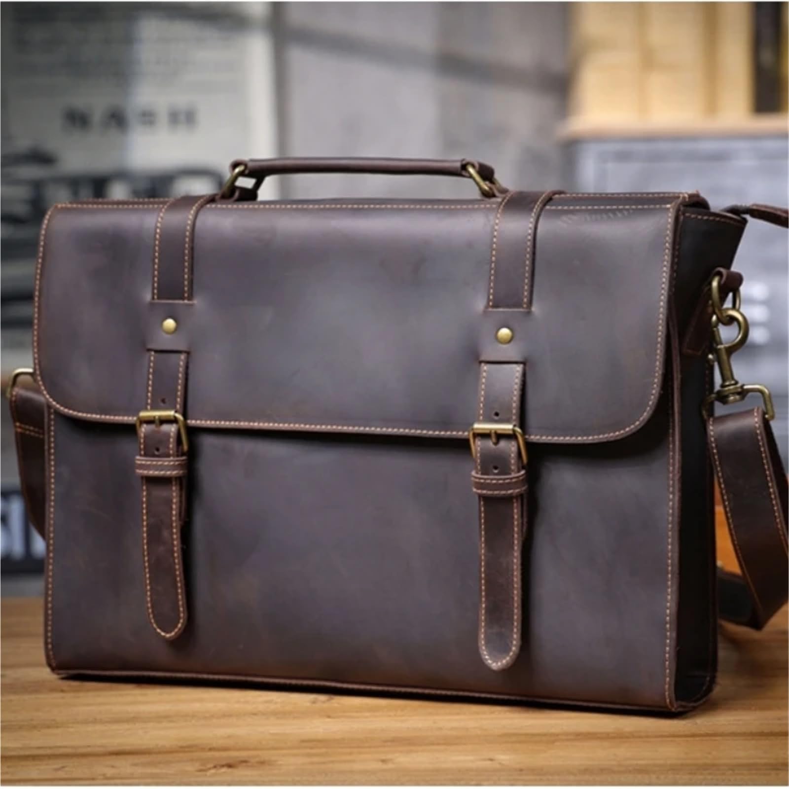 Bolso de mano for hombre, piel auténtica, for negocios, bandolera hombro, for ordenador 15,6" Para Negocio Colegio Trabajo Café