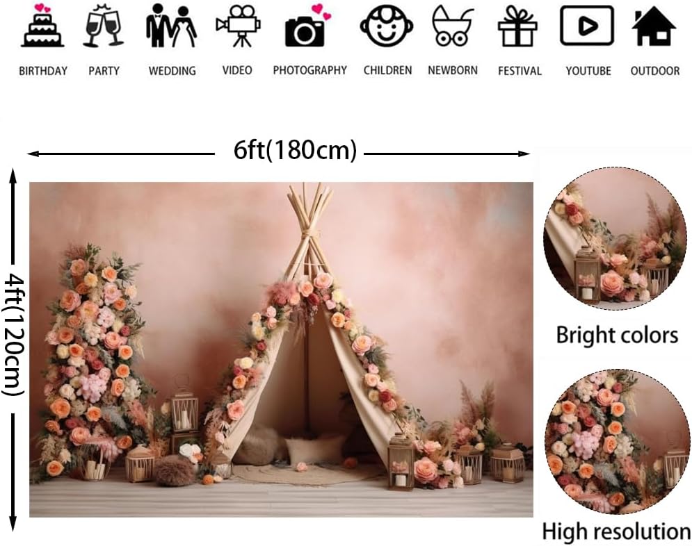 6x4ft Boho Flowers Tent Backdrops for Girls Birthday Cake Smash Decorations Photography Background Pink Bohemian Newborn Baby Shower Portrait Photo Shoot Props - Image 2