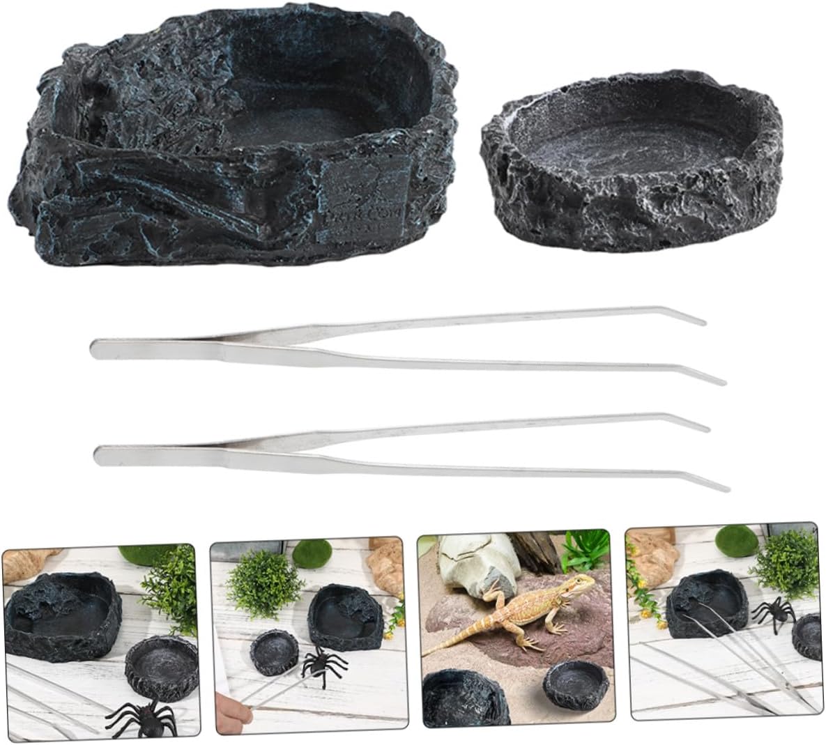 Homoyoyo Reptile Food Water Bowls Set with 2 Curved 27cm Feeding Tongs Resin Material Small Gray Dish Large Feeding Bowl for Bearded Dragon Lizard Snake Hermit Crab