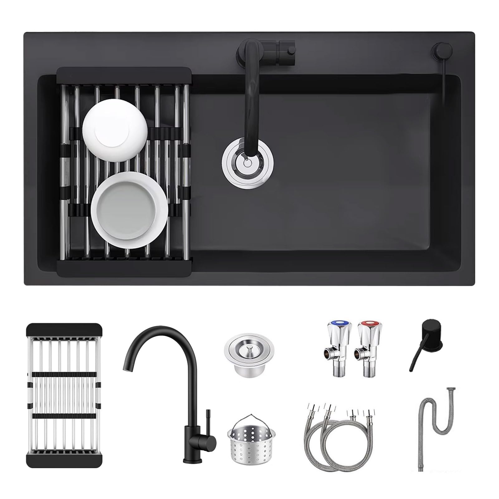80x45cm Fregadero De Cocina 1 Seno De Acero Inoxidable con Dispensador De JabóN, Grifo y Juego De DesagüE, Fregadero Bajo Encimera O Sobre Encimera con Escurreplatos, Negro