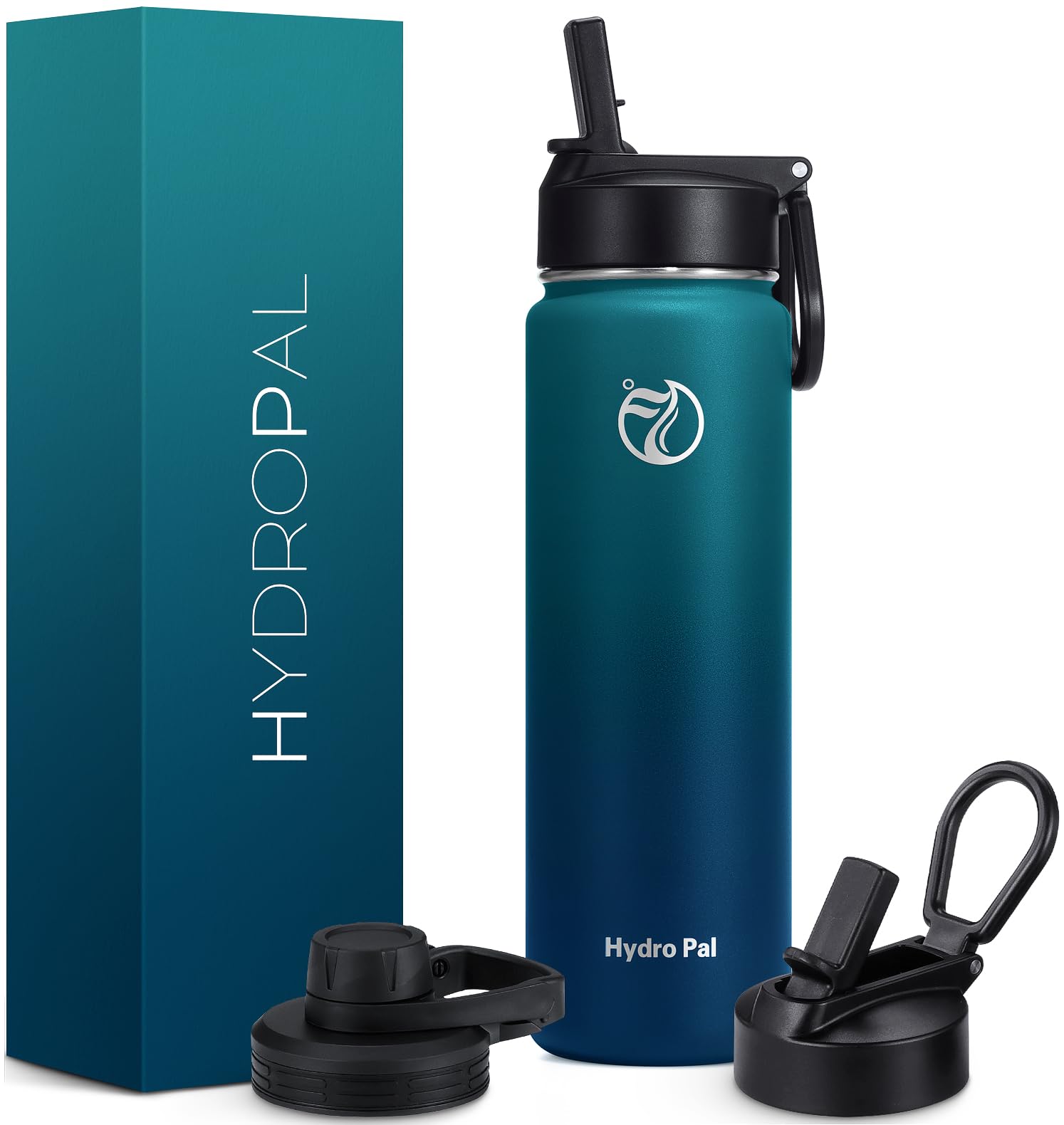 HydroPal Edelstahl Trinkflasche - 500/750ml/ 1L/1.2L/1.9L, BPA-Frei, Kohlensäure geeignet, Isolierte flasche mit Strohhalm & 2 Deckel