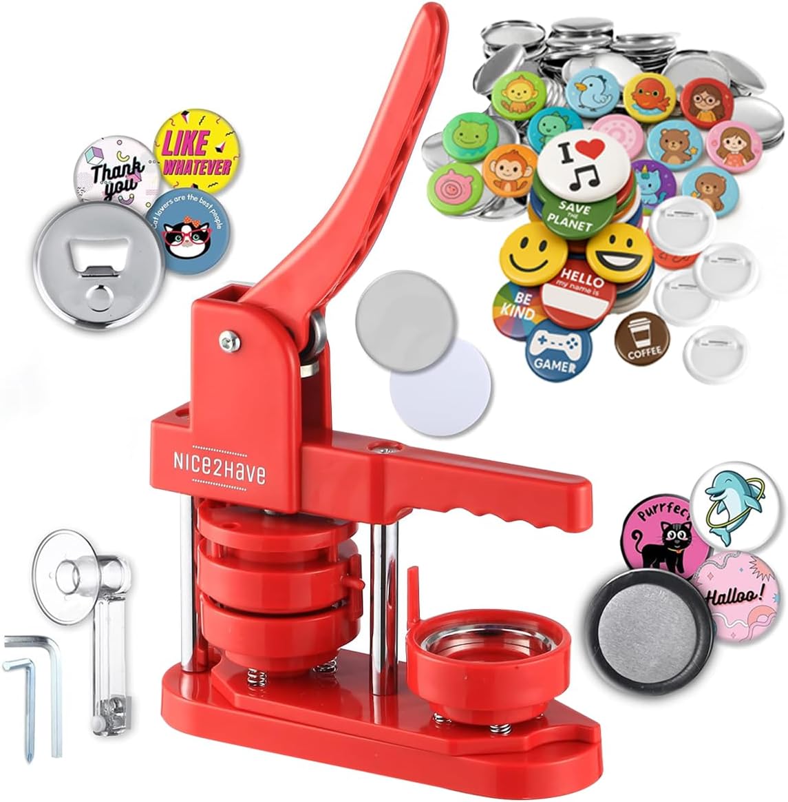 Nice2Have Button Maker Machine 2.25 inch (58mm) - (100pcs Buttons,5pcs Bottle Openers,5pcs Fridge Magnets, 500+ Free Designs,Circle Cutter&Magic Book&Paper) - Installation-Free Pin Maker Machine