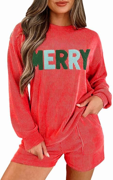 Womens Ribbed Pajama Sets Long Sleeve Top and Shorts Matching Lounge Set Loungewear Sweatsuit with Pockets