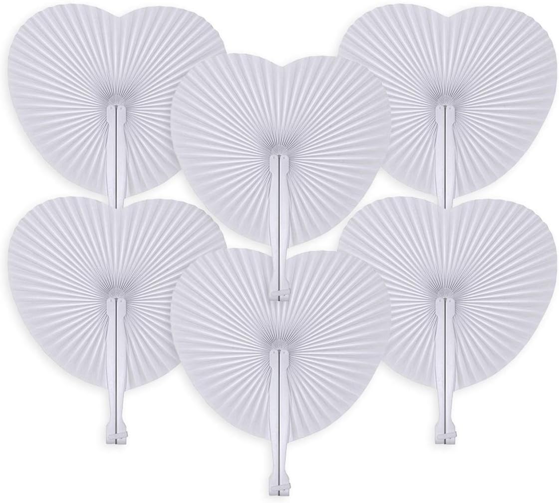 Cusfull 48 Pack White Folding Paper Fans Handheld Paper Fans for Wedding/Party/Party Favours (Heart Shape)
