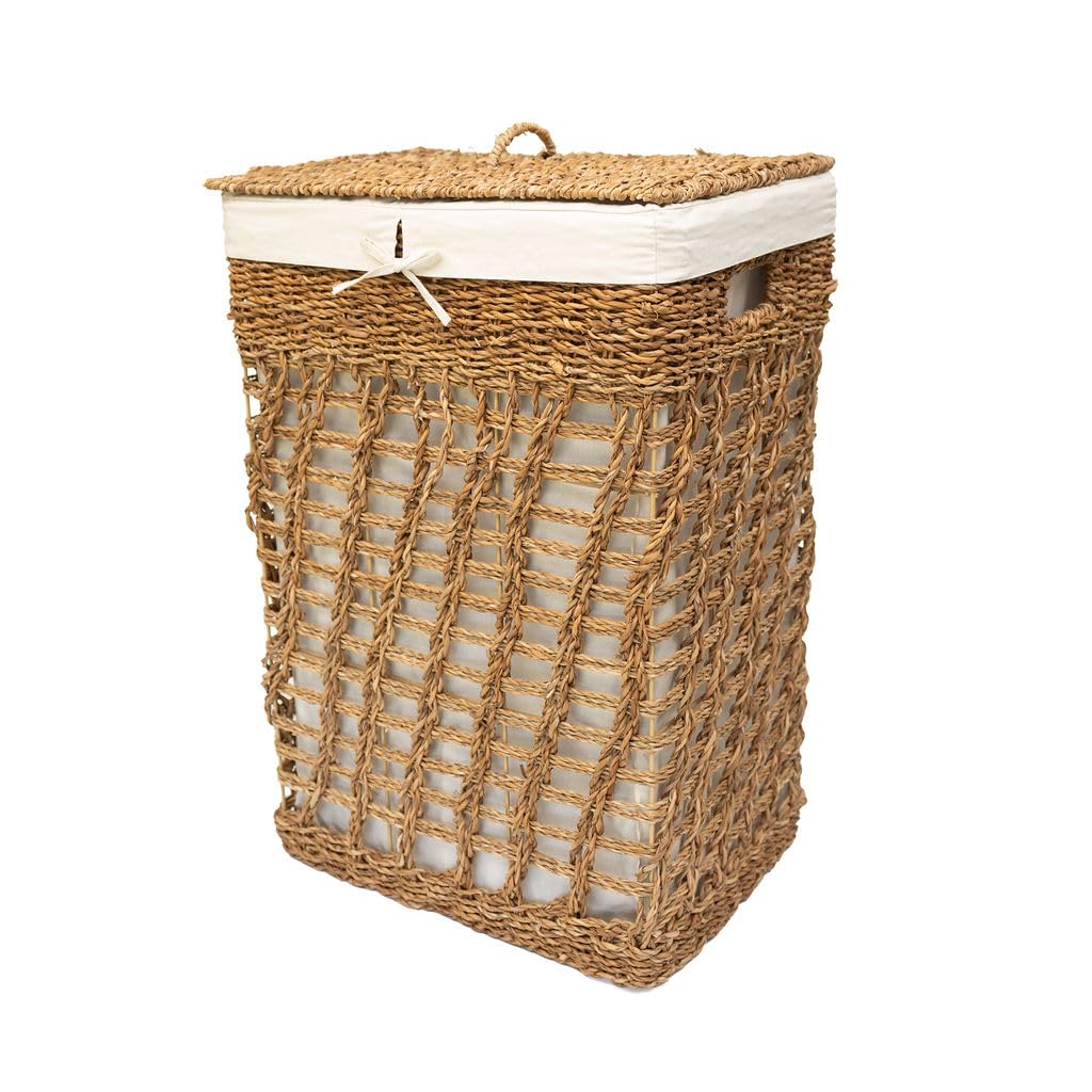 Arthur Cameron Natural Padma Rectangular Seagrass Laundry Basket – Home Decor Wash Basket For Bathroom Storage (Large)