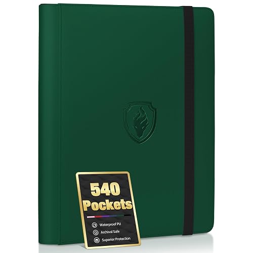Premium 9 Pocket Card Binder for 540 Cards, Fabmaker PU Cover Trading Card Binder, Sturdy Card Collection Album, Sleek Card Holder Folders for YuGiOh, MTG, TCG, Game Cards & Sports Cards, Green - 540 Pockets - Dark Green