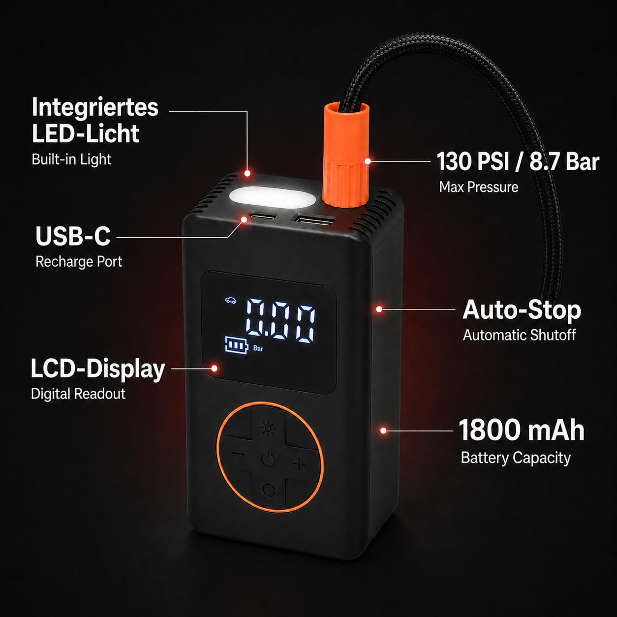 KOMBO - Tragbarer Kabelloser Luftkompressor 8V – Digitaler Autoreifenfüller 130 PSI mit Auto-Stopp, USB-C und 5 Adaptern, Wiederaufladbarer Mini-Kompressor
