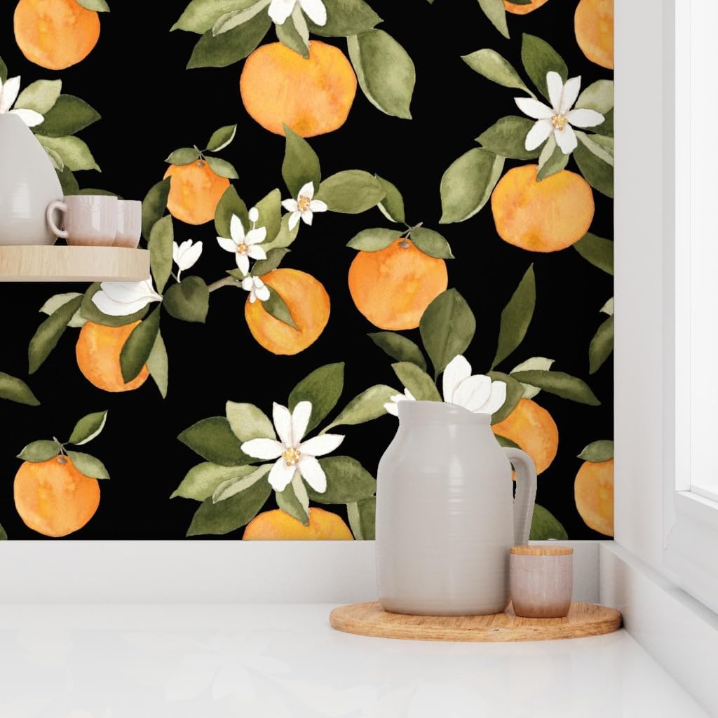 Peel & Stick Wallpaper Swatch - Orange Blossom Dark Oranges Blossoms Fruit Leaves Watercolor Citrus Clementine Custom Removable Wallpaper by Spoonflower