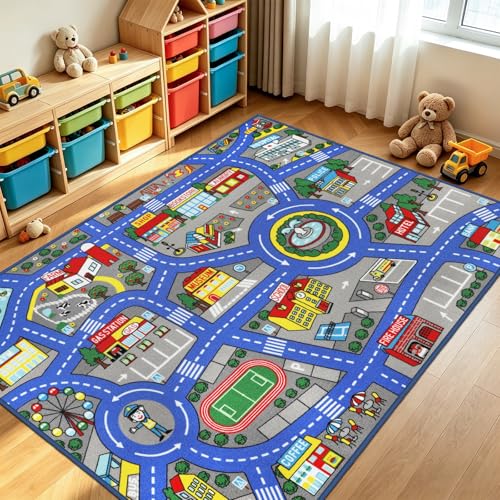 Kids Rug 6'6" x 5'0" City Life Playmat Area Rug Car City Map Washable Traffic Road Educational Learning Nursery Rug Carpet for Children Playroom Living Room Bedroom Classroom Decor Dark Blue