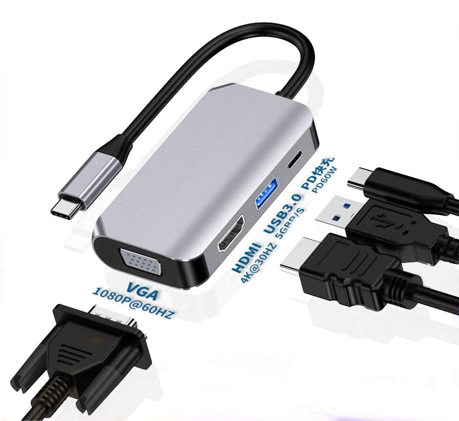 Hub adaptera USB C, 4 w 1, USB typu C do 4K HDMI, VGA, USB3.0 i USB-C PD wieloportowa stacja dokująca kompatybilna z urządzeniami MacBook, Chromebook, Zenbook itp. Urządzenia typu C