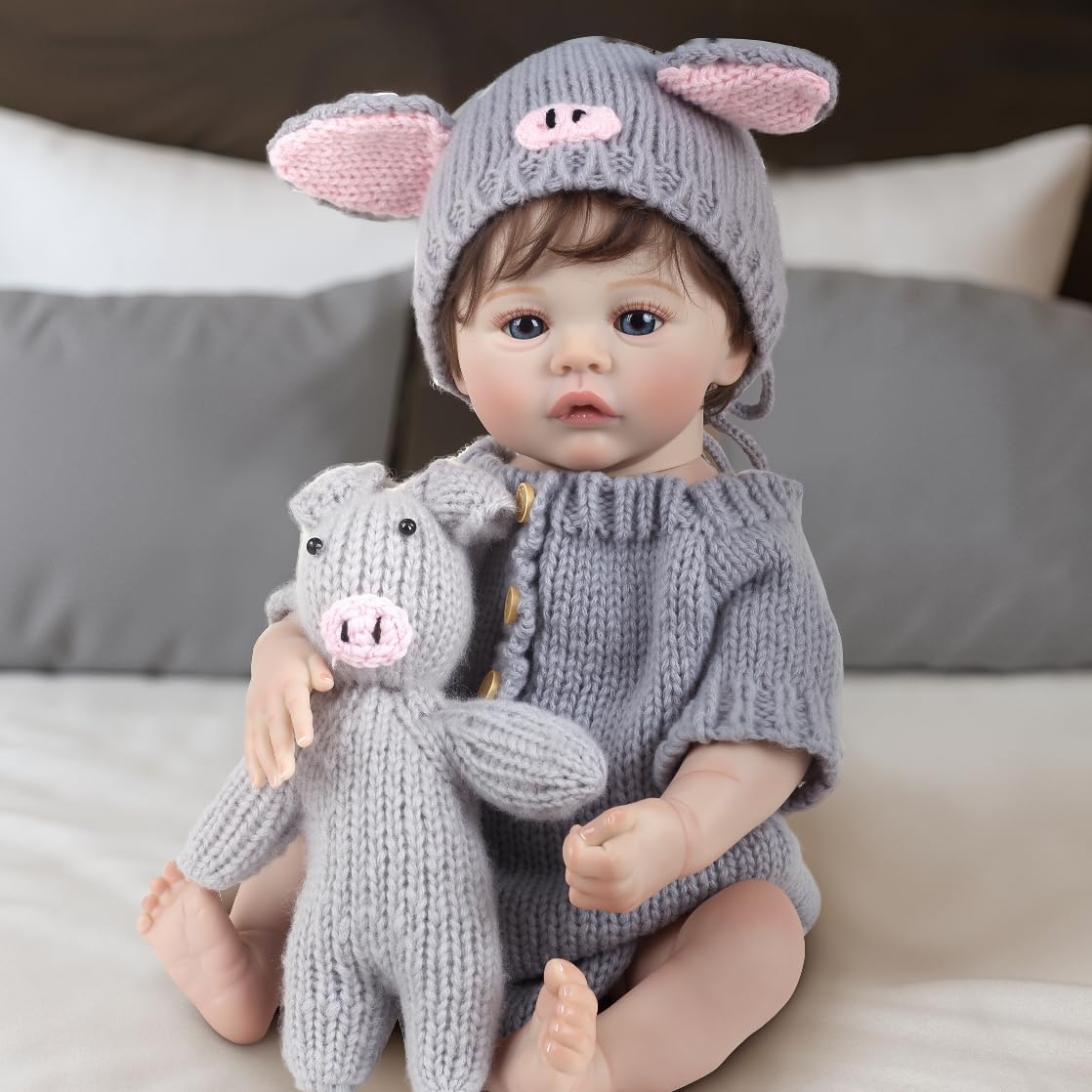 Realistic Reborn Baby Dolls - 17 Inch Doll Cloth Body Vinyl Limbs with Hair, Handcrafted Weighted Real Life Baby Dolls, Piggy Knit Pal & Care Set for Kids 3+