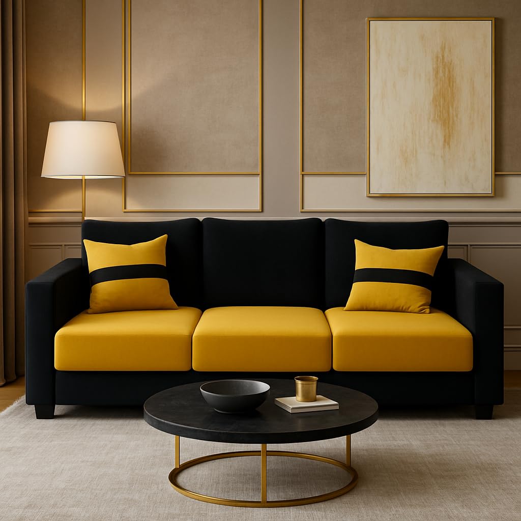 Hudson 3 Seater Sofa Set | Soft Velvet Suede Fabric | Modern Design | Plush Comfort Cushions for Living Room (Black-Yellow) Hudson 3 Seater Sofa Set | Soft Velvet Suede Fabric | Modern Design | Plush Comfort Cushions for Living Room (Black-Yellow)