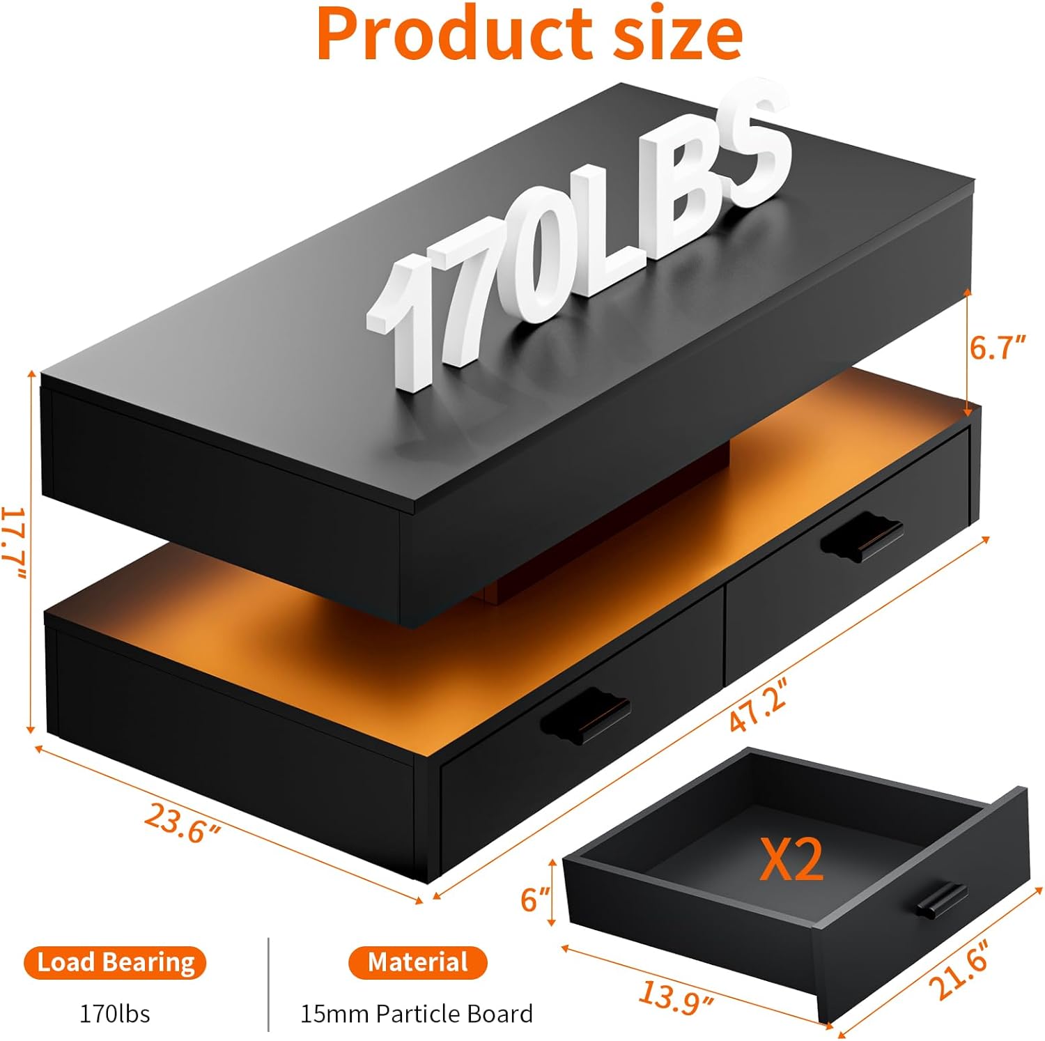 47.2" Large High-Glossy Coffee Table with 2-Tier,Led Coffee Table for Living Room,Rectangular Center Table with Hidden Storage for Home Office,Black