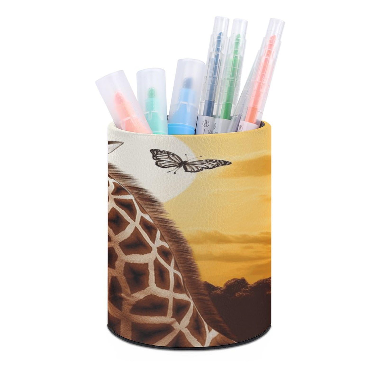 FekiLoot PU Leather Round Pen Holder Giraffe And Sunflower Pencil Holder Desk Organizer Pen Organizer Pen Cup Pencil Cup Caddy Desktop Stationery Organizers for Office Home Supplies