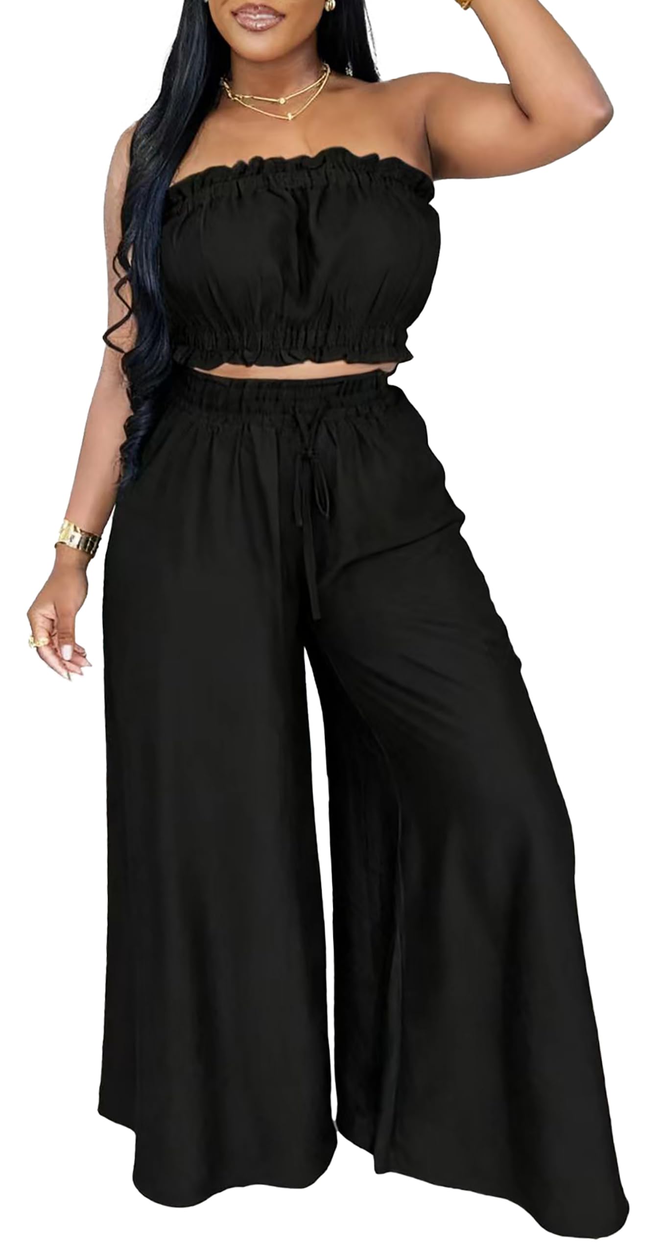 Two Piece Sets for Women Summer Outfits Crop Tops and Wide Leg Pants Sets Sexy Jumpsuits Vacation Outfits with Pockets