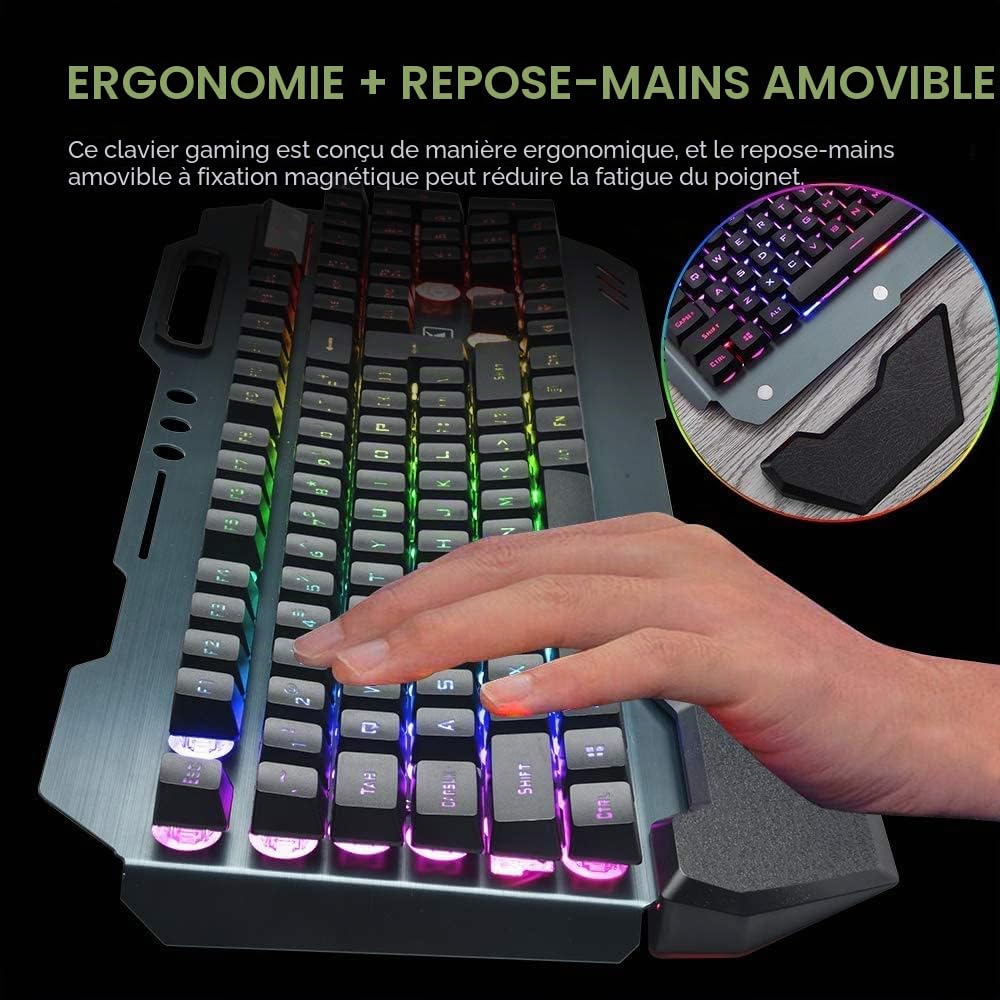 Ensemble clavier de jeu sans fil, souris clavier rétroéclairé RVB rechargeable avec batterie de 5000 mAh, panneau en métal, repose-main amovible, toucher mécanique et souris sourdine de jeu 7 couleurs