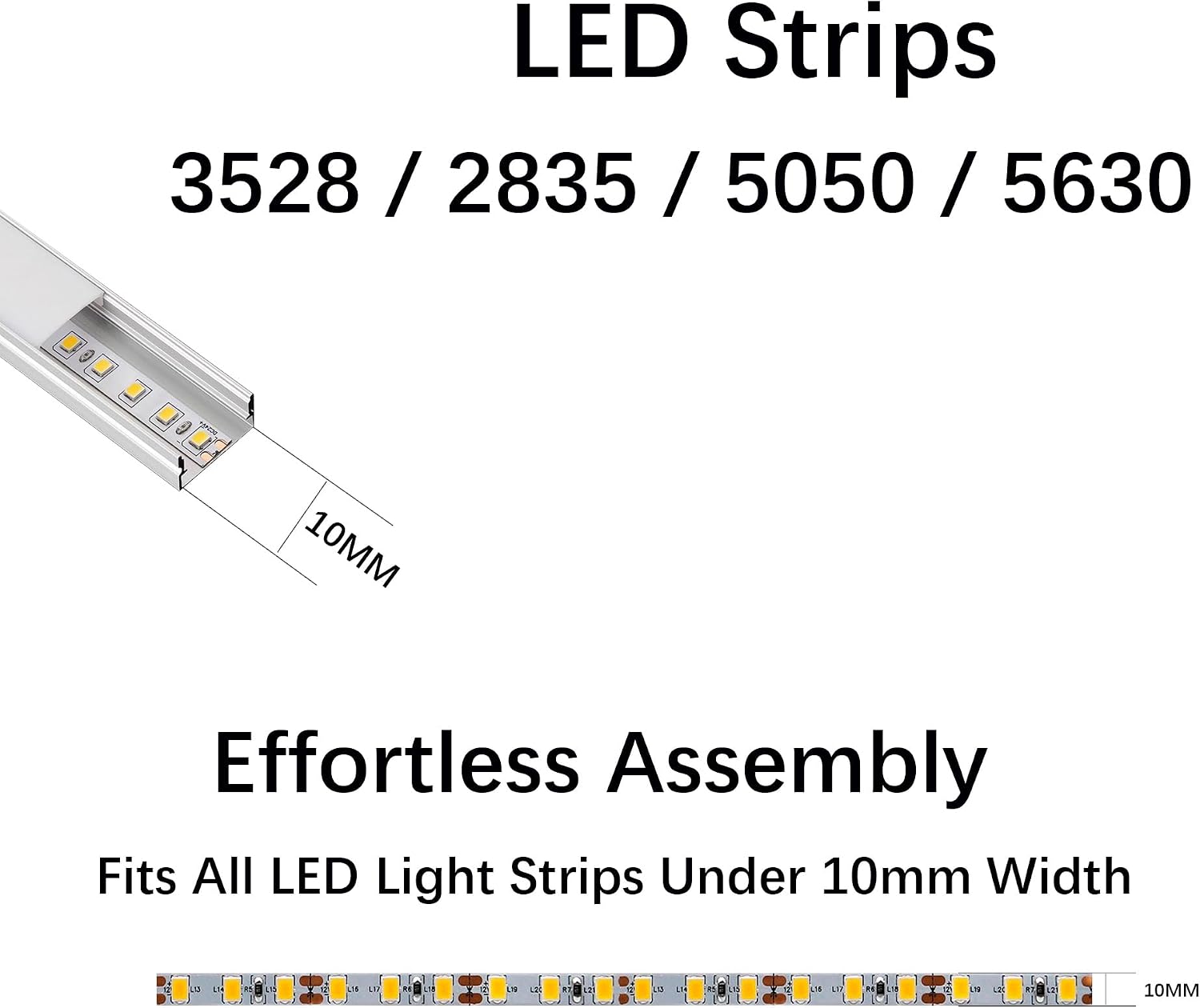 U-Shaped 3.28 ft LED Light Diffuser Aluminum Channel,10 Pack | with milky white diffuser cover,surface/recessedfit LED tape strips,for under cabinet,ceiling, closet,lighting