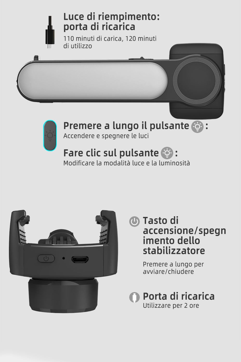 Stabilizzatore Smartphone, Stabilizzatore Cardanico Con Luce Di Riempimento,Portatile e Pieghevole,Per Video Vlog/Youtube/TikTok Con Rotazione Automatica, Per Android e IOS