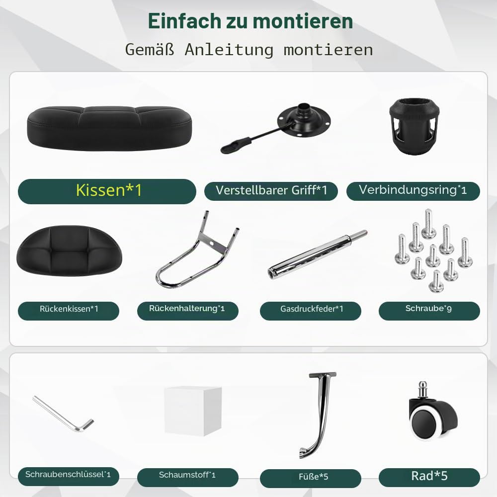 BFTOU Quadratischer Drehhocker auf Rollen, perfekt für Arbeit, Spa, Shop, Massage, höhenverstellbar und kostengünstig, Rollhocker mit Rückenlehne, Weiß (Schwarz)