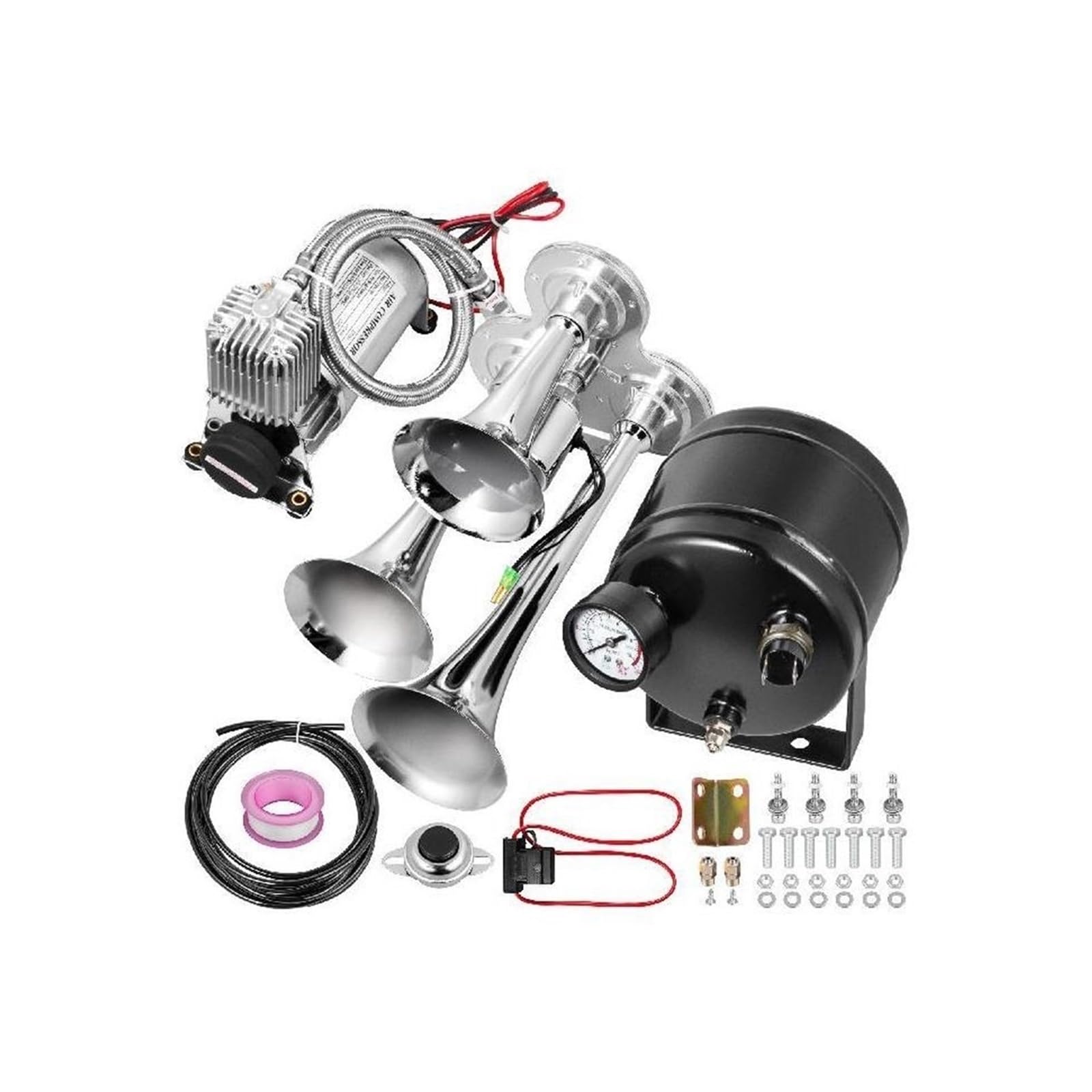 3/4 Trąbki 12V Air Horn Train Horns Kit 135/150 DB Głośny Maksymalne ciśnienie robocze 150 PSI dla samochodów ciężarowych SUV łodzi ciągników Do użytku DIY(150DB 6L 4 Trumpets)