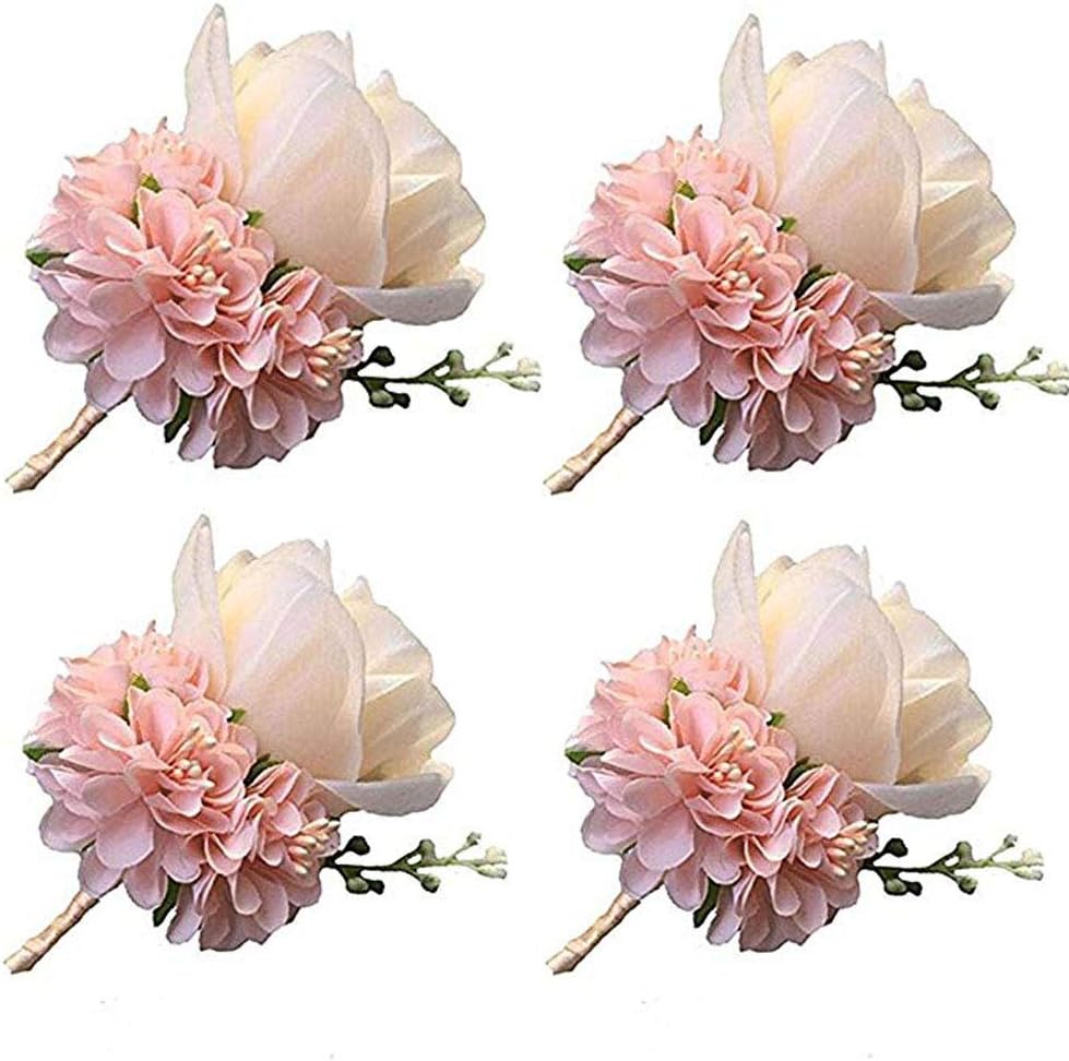 Boutonniere Buttonholes Groom Groomsman Best Man Rose Wedding Flowers Accessories Prom Suit Decoration (4,Champagne)