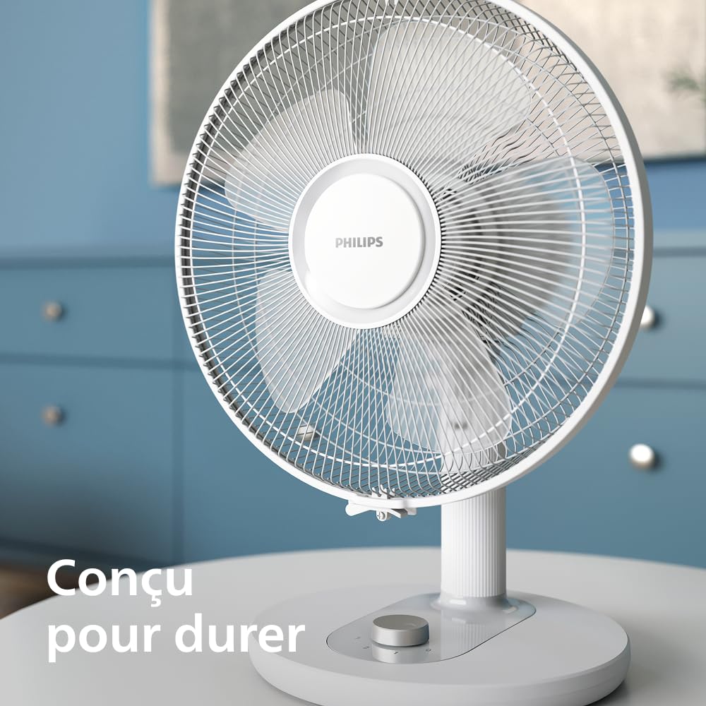 PHILIPS Série 1000 Ventilateur de Table – Flux d’air puissant et silencieux 35 dB – 3 vitesses réglables – Rotation et inclinaison ajustables – Design compact blanc (CX1030/00)