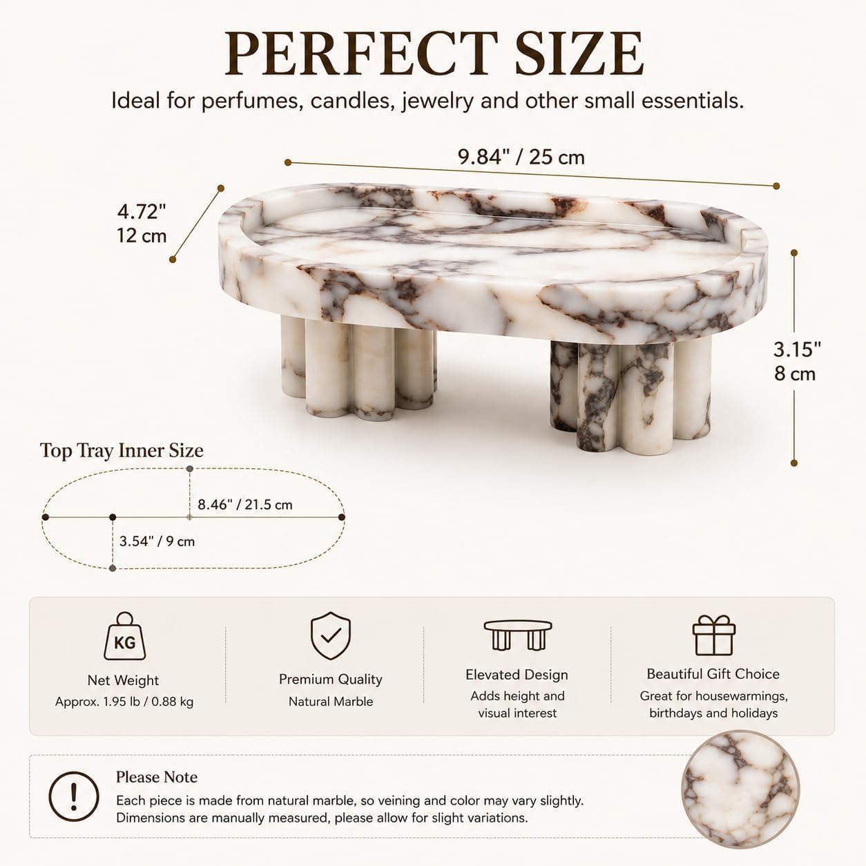 CHONNFEASTT® Natural Marble Oval Vanity Tray with Legs - Footed Marble Tray | Decorative Perfume Tray for Dresser, Nightstand, Coffee Table, Bathroom Countertop, Jewelry - Candle & Catchall Display