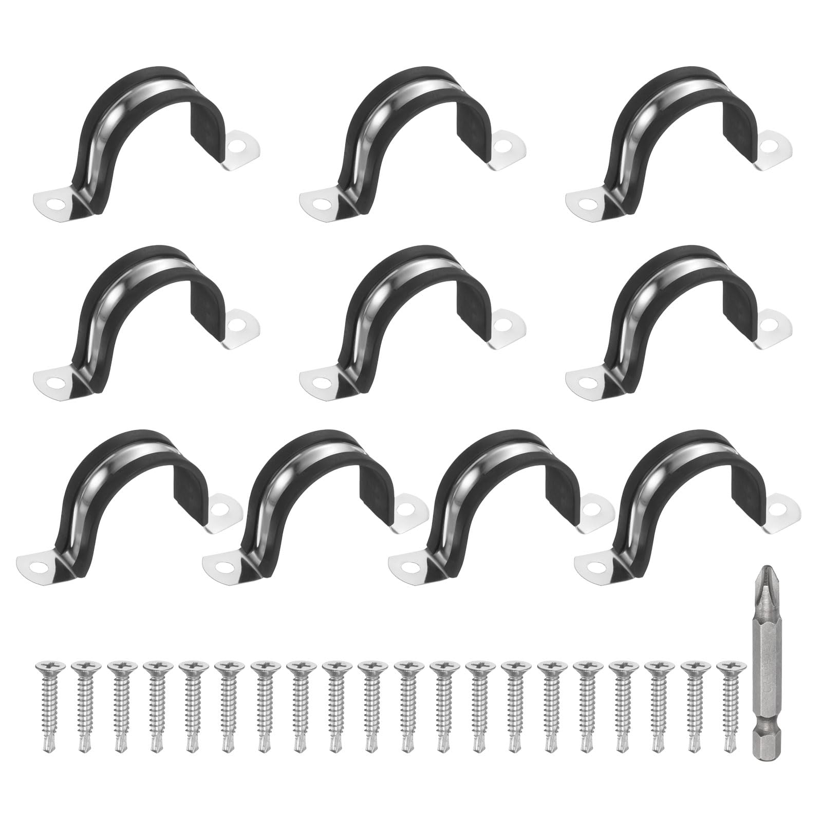 sourcing map 10Pcs M40 U-Tube Strap Clamp Tool Set Clamp Rubber Cushioned Insulated Clamp with Screw and Bit for Automotive Industrial Marine Household