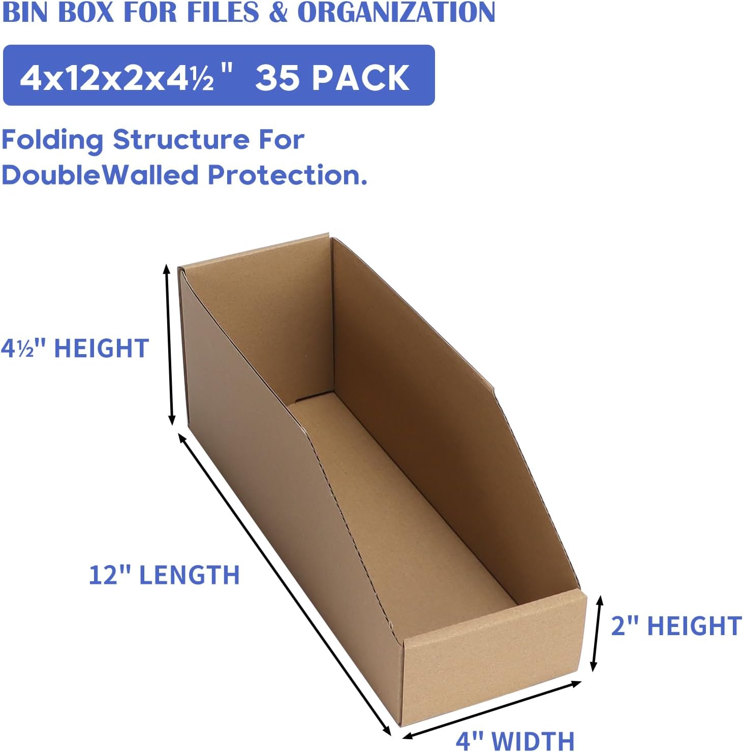 EXYGLO Cardboard Storage Bins 35 Pack, 12x4x4.5 Inch Cardboard Boxes, Corrugated Organizer Bins for Pantry, Shelves, Garage, Office, Shop, Brown