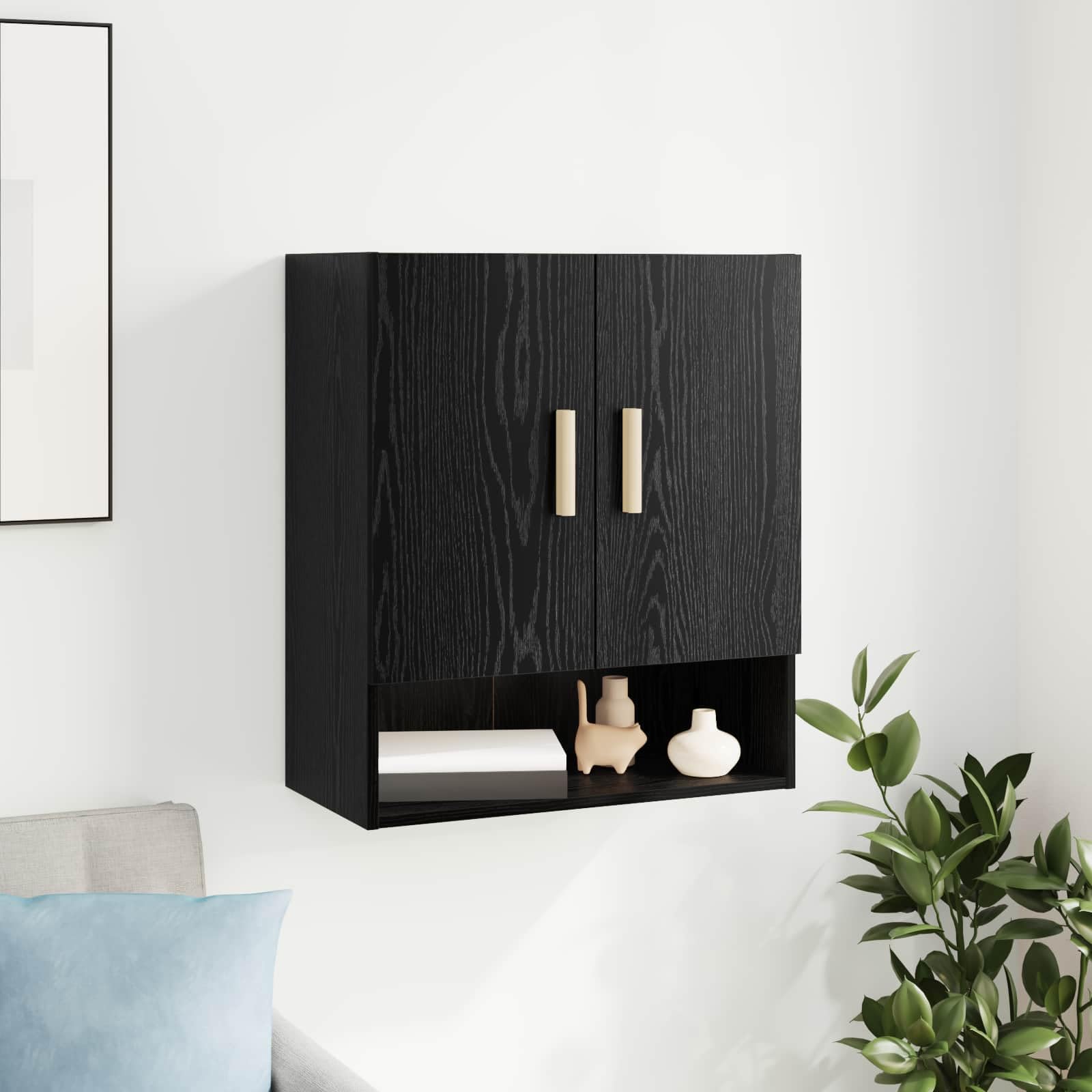 Meuble mural chêne noir 60x31x70 cm avec 2 compartiments pour rangement salon et bureau
