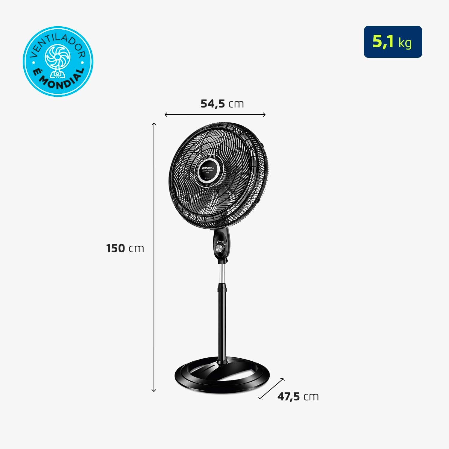 Ventilador Coluna 50cm Super Turbo 8 Pás, Mondial, Preto/Prata, 150W, 110V - VTX-50C-8P