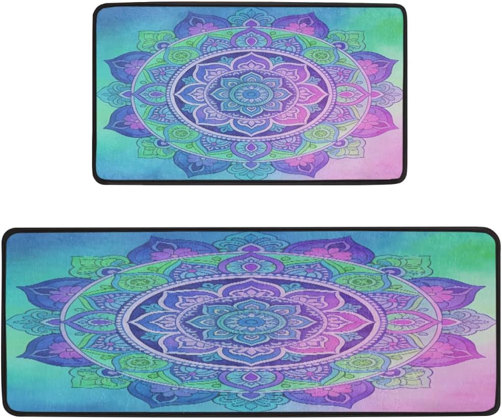 Anti Fatigue Bohemian Mandala Print Kitchen Mats for Floor 2 Piece Set, Waterproof Non Slip Boho Kitchen Floor Rugs, Comfort Standing Mat for Sink Laundry & Home Kitchen 17"x47"+17"x29"