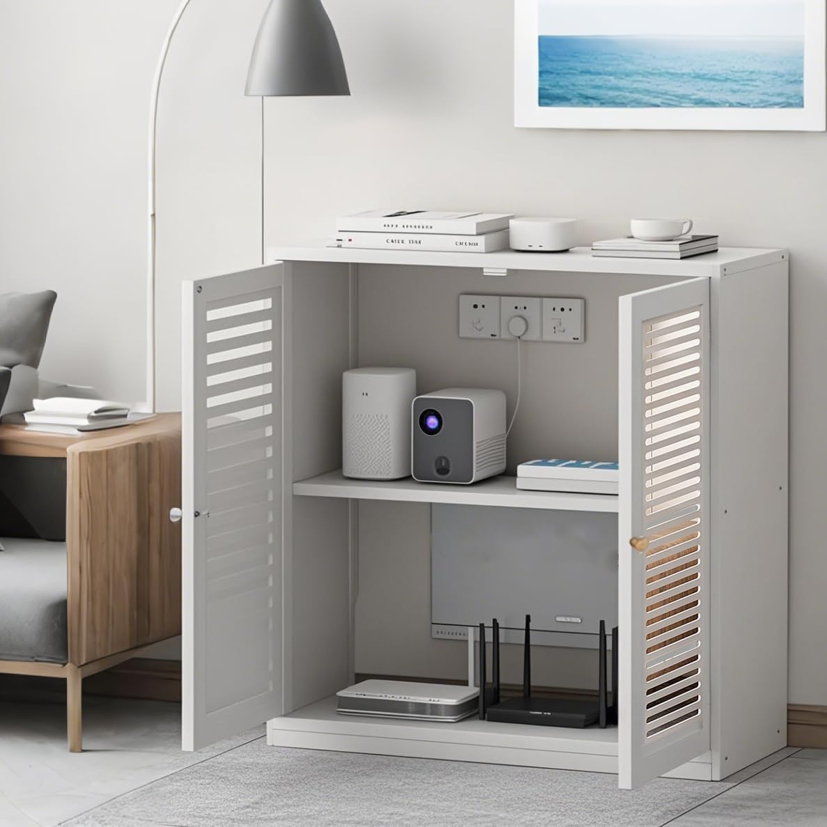 Large WiFi Router Storage Box 23 X 10.6 X 26.5 in WiFi Router Cabinet with Adjustable Shelf, Router, Power Strip and Cable Management Hider Organizer for Home and Office