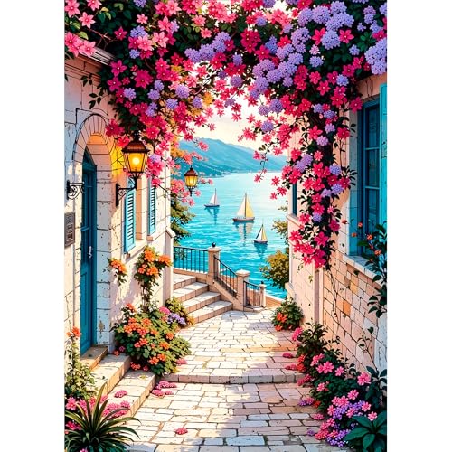 DPHERO DIY Landschaft Diamant Painting Kits Bilder für Erwachsene Anfänger 5D Bunte Blumen Diamond Painting Set DIY Runde Steine Meer Straße Diamant Kunst Kits Diamond Art für Zuhause Dekor 30x40 cm