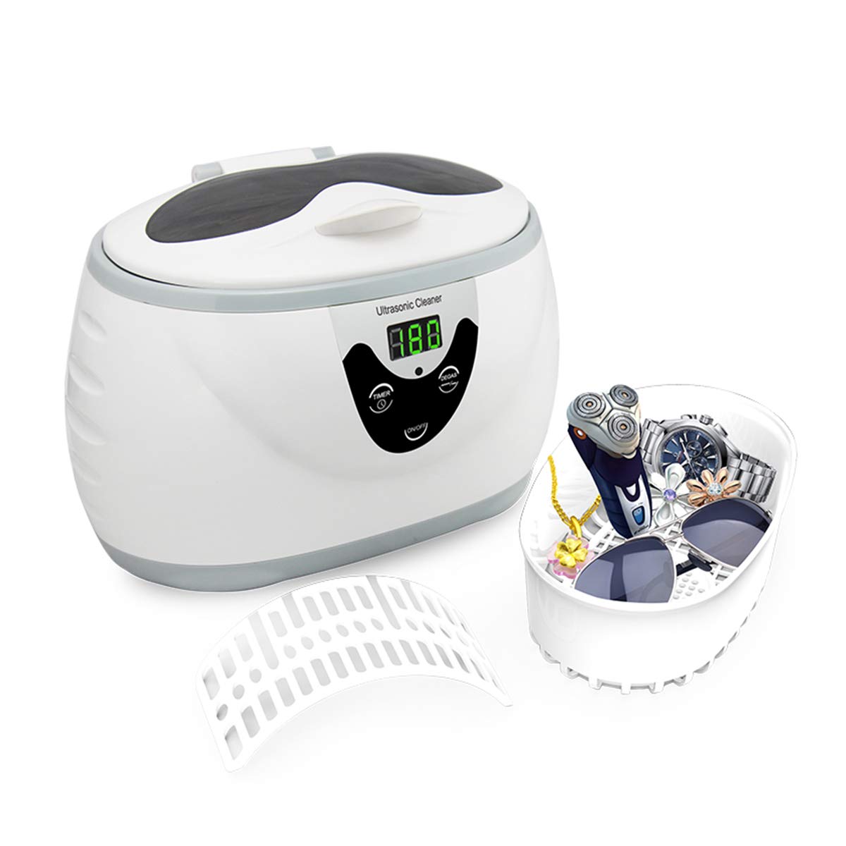 JHM-Detergente Occhiali Ad Ultrasuoni Professionale 600Ml,Macchina per Gioielli con Pulitore Ad Ultrasuoni con 5 modalità di Pulizia Porta Orologio per Collane Anelli Orologi Protesi