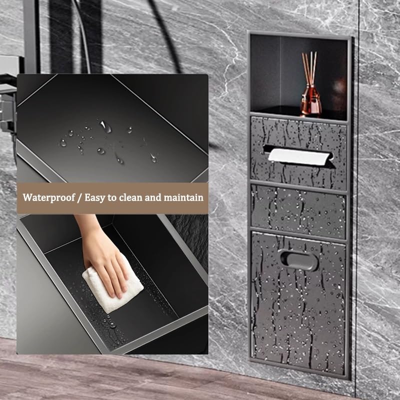 Generico Mensola da Doccia Moderna a Incasso in Acciaio Inox con Cestino per i rifiuti - Doppio ripiano Impermeabile per riporre Oggetti in Bagno, Grigio 70x28x13,5 cm, Ideale per bagni Moderni