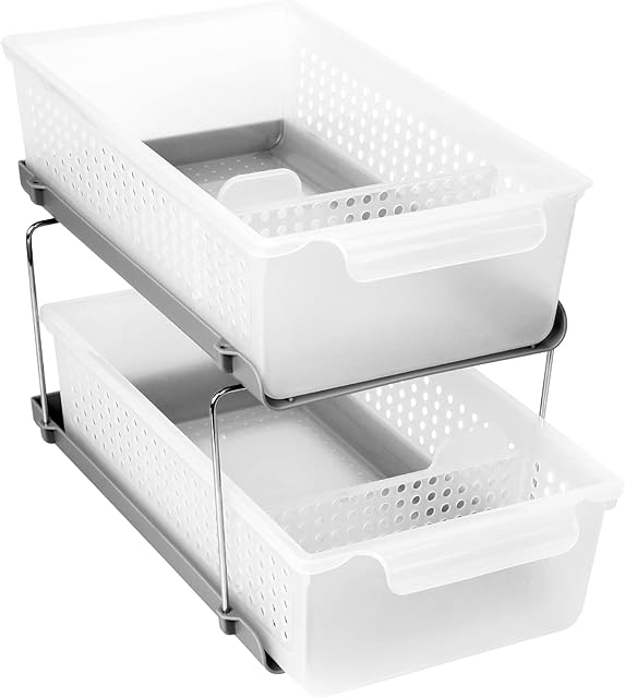 JRing Kitchen Cupboard Organiser, 2-Tier Sliding Storage Basket with Handle Bath Collection Box Space Saving Shelf - White