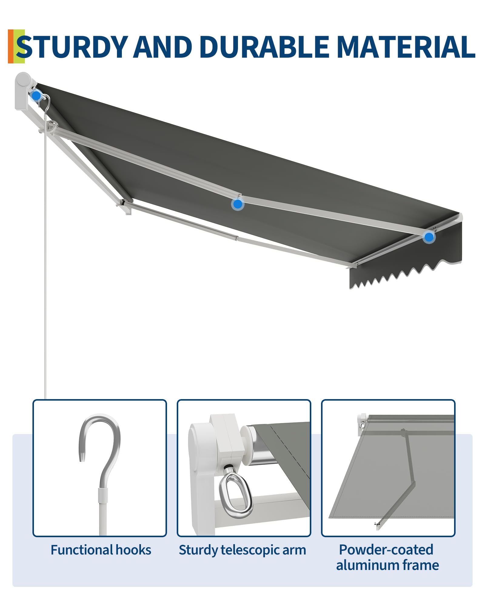GarveeHome Gelenkarmmarkise 350 x 250 cm, UV50+ & wasserabweisend, mit Kurbel & Wandhalterung Länge + Winkel einstellbar, Markise für Terrasse & Balkon, Sonnenschutz Balkonmarkise Gelenkmarkise