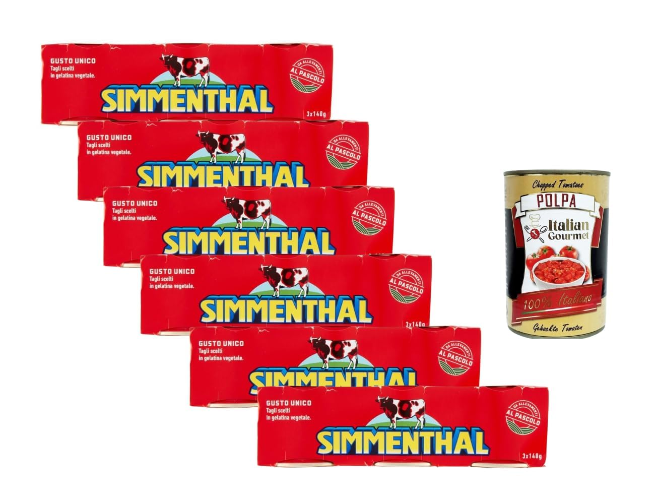 Italian Gourmet Simmenthal Viande de bœuf en gelée végétale – Lot 6 x (3 x 140 g) = 18 boîtes de 140 g, conserve italienne iconique, idéale pour salades, sandwichs + Italian Gourmet Polpa