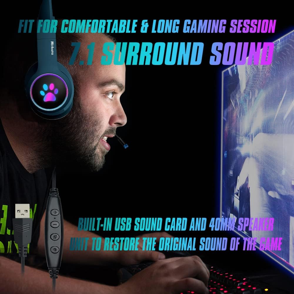 Gaming Headphone Wired USB Connect 7.1 Surround Stereo Over Ear Cat LED Light Fit Adult & Kid Foldable Headset with Mic for PC Game Laptop Pad H03 Navy Blue