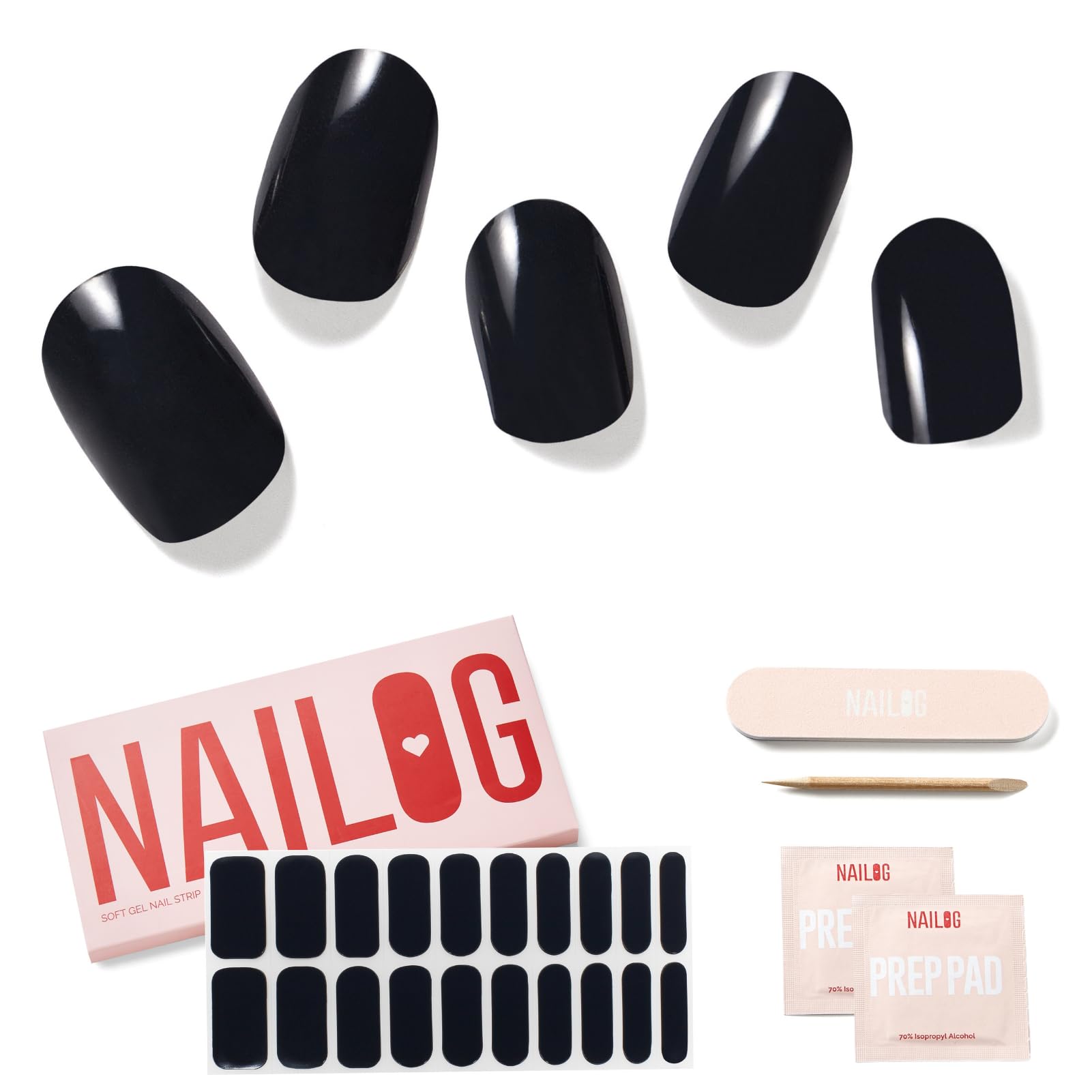 Nailog Semi Cured Nail Strips (20 Extra Long Gel Nail Strips) Glossy & Long Lasting Nail Polish Stickers With Soft Gel Finishing Noir