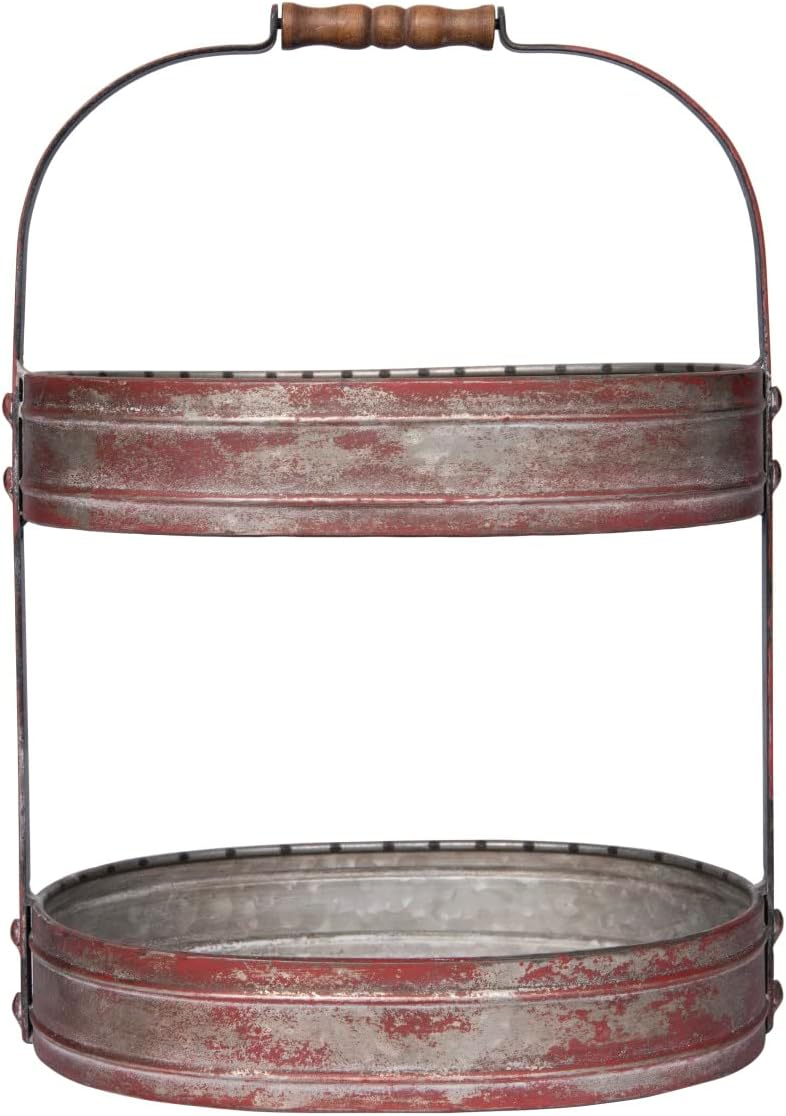 Creative Co-Op DA6876 Red Metal Oval 2 Tier Tray with Handle Distressed Red, 12.25"L x 9"W x 17.5"H