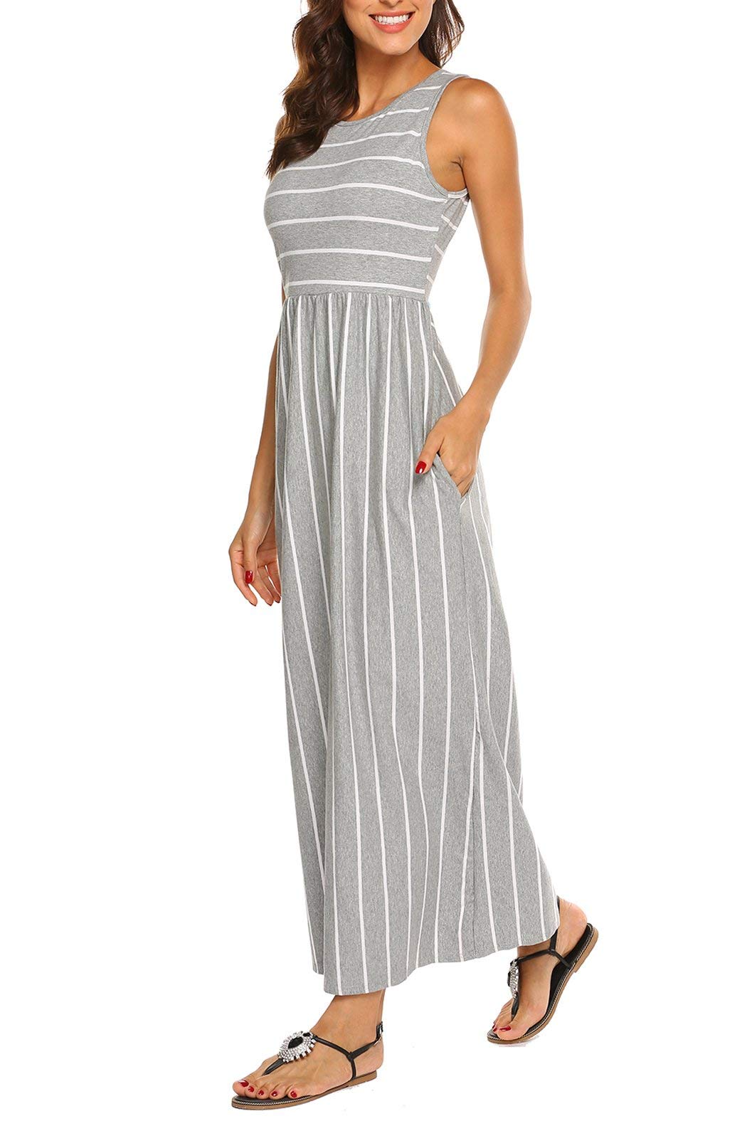 BDTECAOR Maxikleid Damen Sommer Boho Ärmellos Strandkleider Lässige Lange Tank Kleid mit Taschen