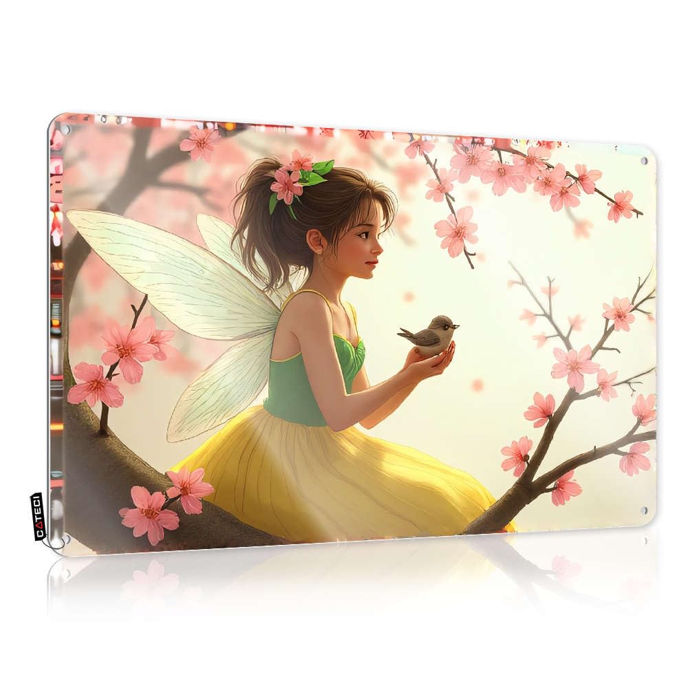 Funny Tin Metal Signs A Fairy With Wings Holds A Bird Among Blooming Cherry Blossoms. Tin Sign Man Cave Wall Decor Bar Man Cave Decor(30X40CM)