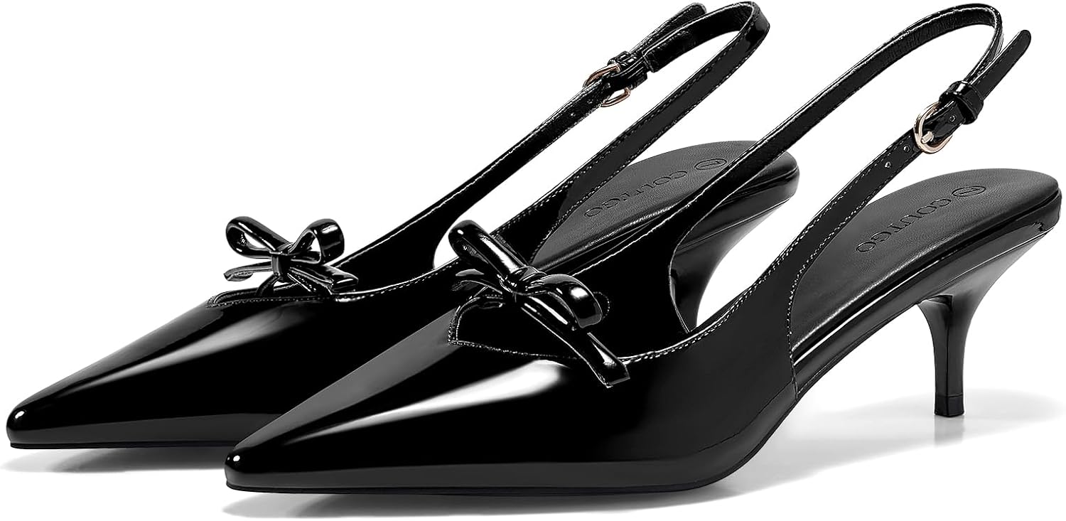 Coutgo Womens Bow Slingback Heels Low Kitten Heel Pumps Closed Pointed Toe Party Wedding Dress Shoes - Image 4