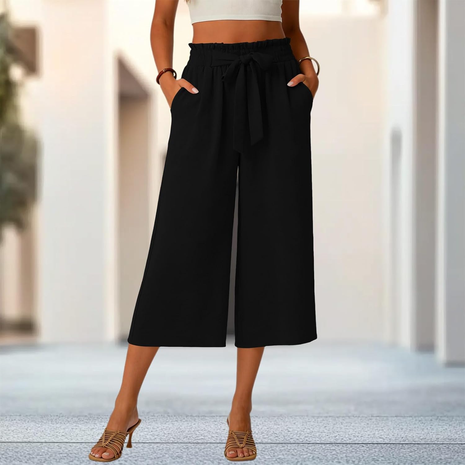 Wide Leg Capri Pants for Women High Waist Casual Palazzo Slacks Summer Beach Vacation Trousers with Pockets