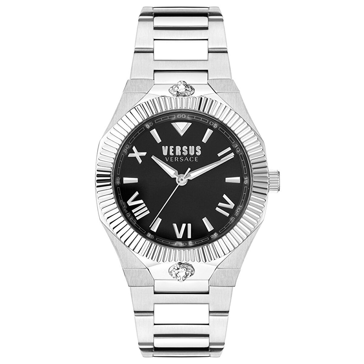 Versus Versace Echo Park Collection Luxury Womens Watch Timepieces with a Silver Strap Featuring a Stainless Steel Case and a Black Dial