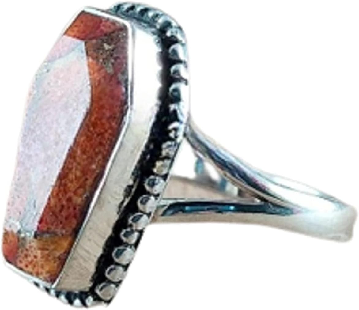 Coffin Gemstone Ring for Women, 925 Sterling Silver Statement Jewelry, Handmade Boho Vintage Promise Ring Gift
